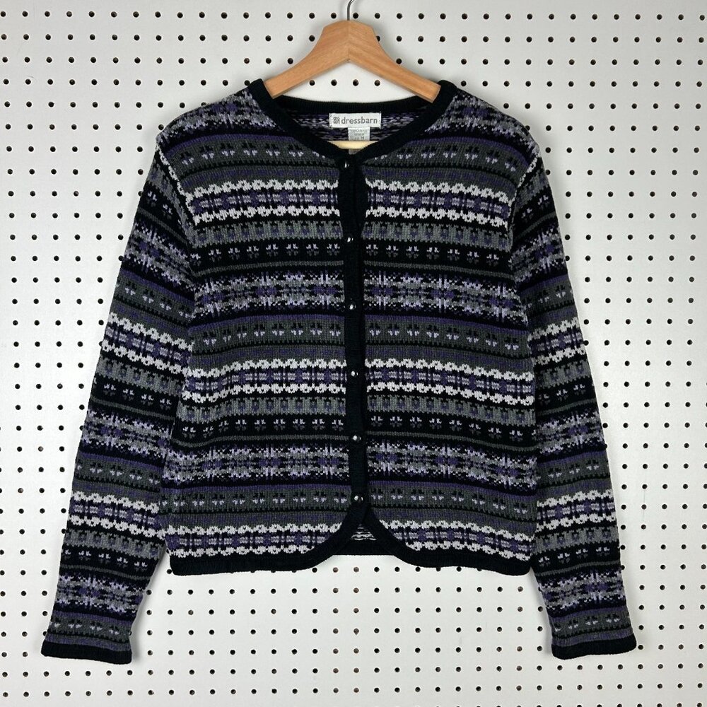 dressbarn Vintage Cardigan Sweater Medium Purple Black Button Pattern Print